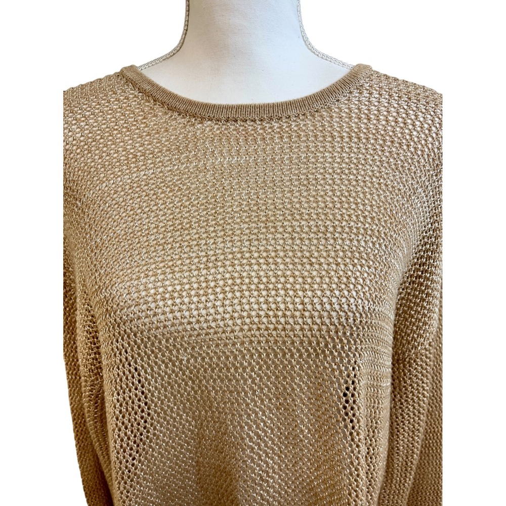MINNIE ROSE Gold Mesh Sweater Sz L Metallic Tan Crochet Knit Hampton Boho Beachy - Picture 5 of 13